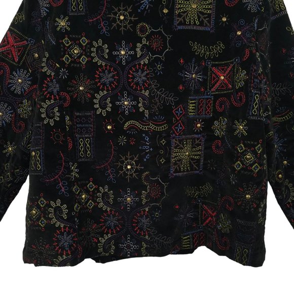 Chicos Black Velvet Embroidered Jacket Blazer 1 US M Boho Artsy Career Studded - Picture 15 of 16